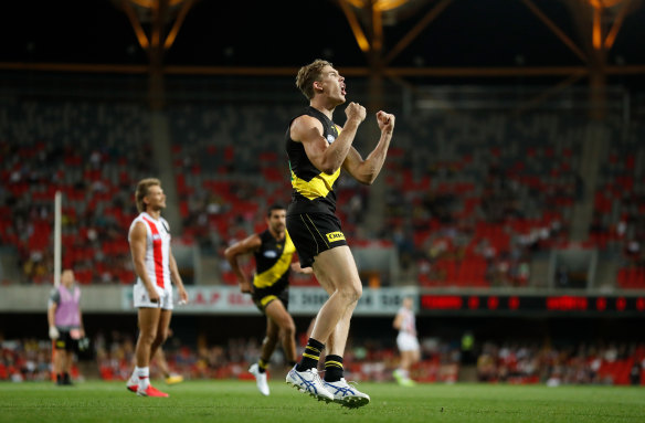 Tom Lynch celebrates a goal. 