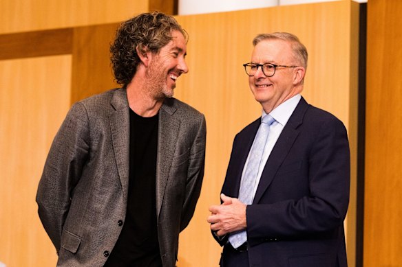 Atlassian's Scott Farquhar and Prime Minister Anthony Albanese share a laugh. 