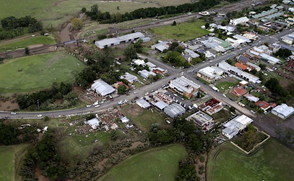 Aerial view of Dungog, where four homes once stood at the northern end of town.