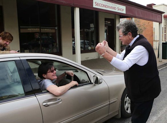 Cathy is congratulated by a local in Chiltern.