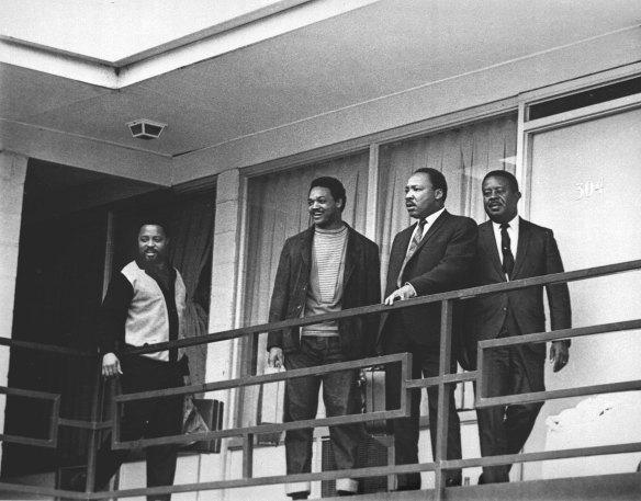 Rev. Martin Luther King Jr., second from right, standing with other civil rights leaders on the balcony of the Lorraine Motel in Memphis, Tenn., a day before he was assassinated at approximately the same place.