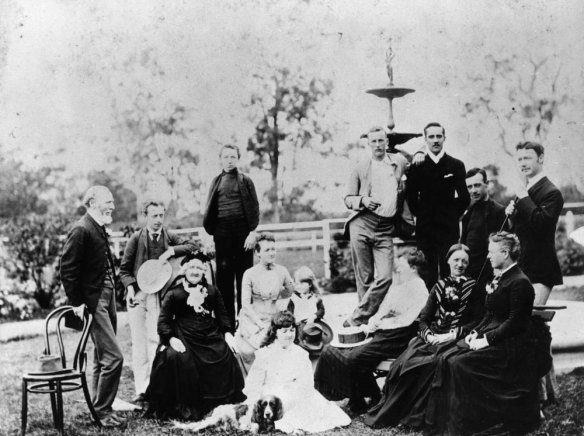 John Cameron (standing, far left) and family with friends at Doobawah, circa 1888. 