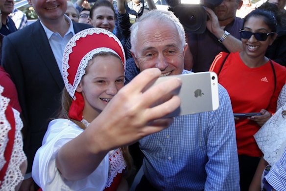 Prime Minister Malcolm Turnbull met with Russian school dancers during a street walk in Homebush, Sydney with local member Craig Laundy on Saturday 14 May 2016.
