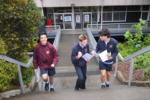 VCE English students after completing the marathon year 12 English exam at Marcellin College, (from left) Christian Riali, Joshua McCraith and Xavier Olivieri.
