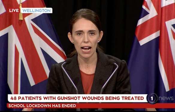 In this image made from video, Prime Minister Jacinda Ardern gives a press conference from Wellington. Ardern said the values of her country would not be "shaken" by the deadly attacks that left dozens dead.