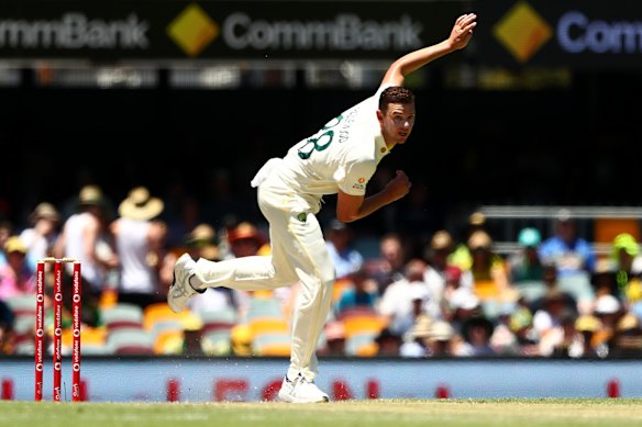 Josh Hazlewood of Australia bowls during day four of the First Test Match in the Ashes series between Australia and England at The Gabba on December 11, 2021 in Brisbane, Australia.