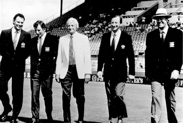 The 1993 Channel Nine cricket commentary team (from left) Greg Chappell, Ian Chappell, Richie Benaud, Bill Lawry and Tony Greig. 