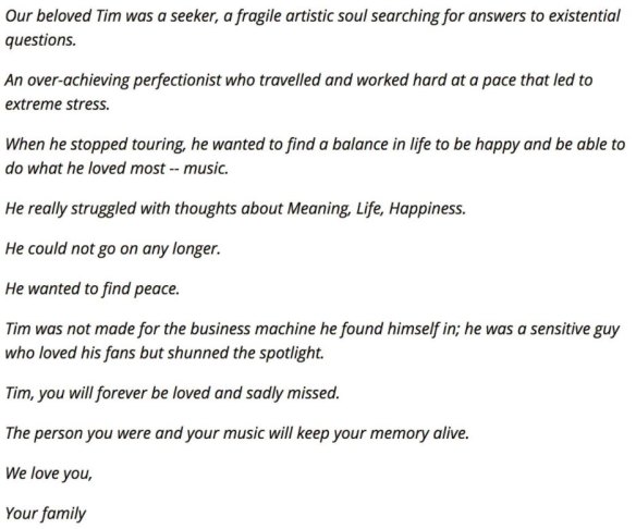 Full statement from Avicii's family.