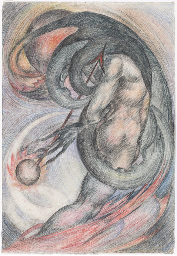 Rosaleen Norton, Nude with octopus (c.1951). Coloured pencil on paper, 57.9 x 39.8 cm (image & sheet). Gift of Dr & Mrs CB Christensen, 1986.