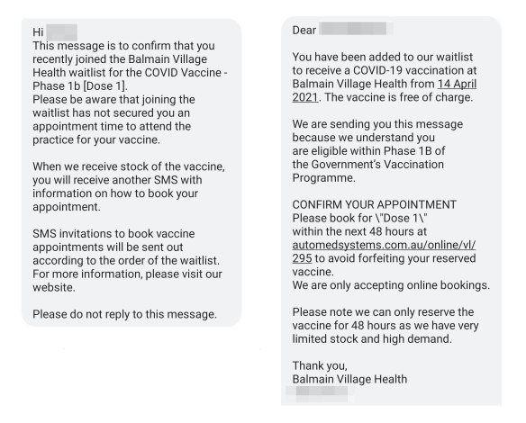Balmain Village Health sent the SMS to patients it identified as being eligible for phase 1b of the vaccine rollout.