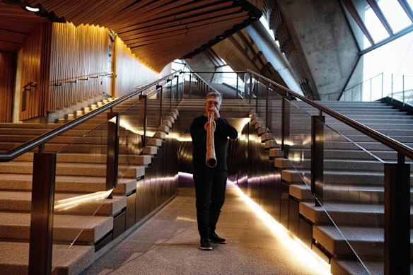 The opening concert, which will take place next Wednesday, will be under the helm of the Sydney Symphony Orchestra’s Simone Young. Pictured is didgeridoo player Matthew Doyle who played today for media in attendance.