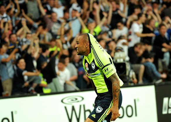 Audacious: Heading towards the corner flag to celebrate chipping over goalkeeper. Clint Bolton