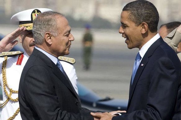 Barack Obama is greeted by Egypt's Foreign Minister Ahmad Aboul Gheit.