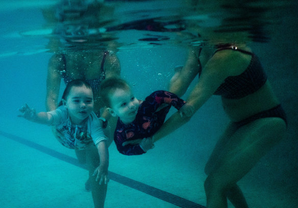 Tomas De Foxa Ducat and James Radman learning water safety skills at Speedo Swim Centre in Bondi Beach.