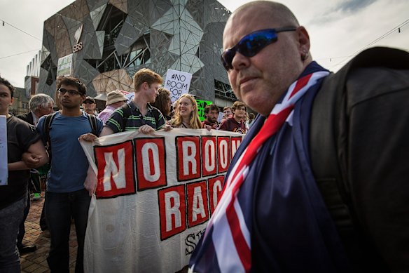 Rally against racism  protesters clashed with Reclaim Australia protesters at Federation Square under a huge police presence  on April 4, 2015 in Melbourne, Australia.