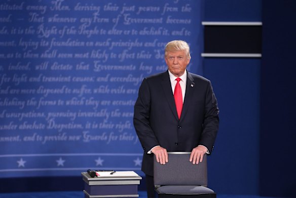 Donald Trump, 2016 Republican presidential nominee, stands on stage during the second U.S. presidential debate.
