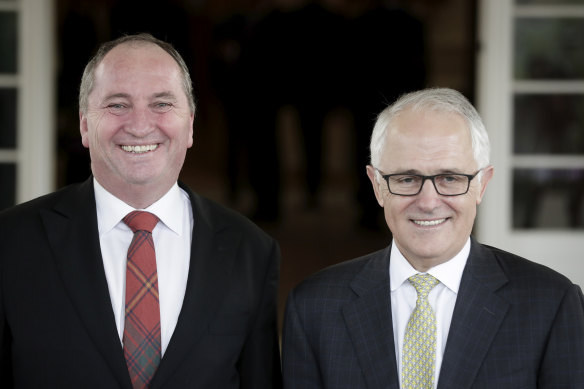 December 20, 2017:  Barnaby Joyce and Malcolm Turnbull after the swearing-in ceremony of the new Turnbull ministry at Government House.