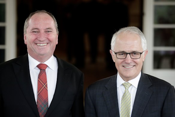 December 20, 2017:  Barnaby Joyce and Malcolm Turnbull after the swearing-in ceremony of the new Turnbull ministry at Government House.