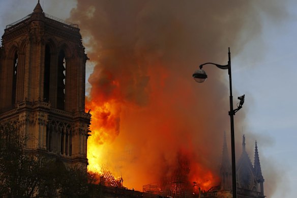 Fire engulfed the upper reaches of Paris' soaring Notre Dame Cathedral as it was undergoing renovations.