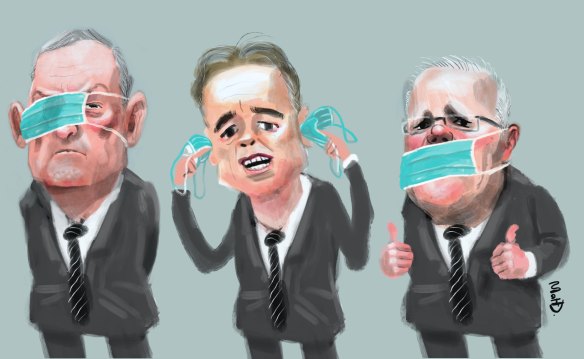 Richard Colbeck, Greg Hunt and Scott Morrison with PPE masks over their eyes, ears and mouth.