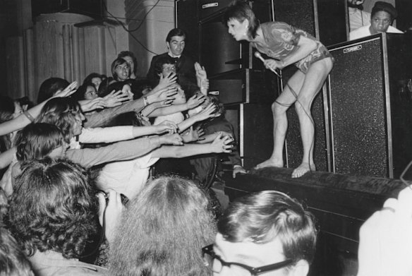 David Bowie in concert at the Hammersmith Odeon, on 3rd July 1973, the last concert performed in the guise of his spacerocker character Ziggy Stardust.  