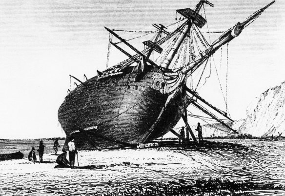 HMS Beagle on the shores of River Santa Cruz, Argentina.  