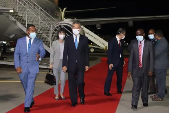 Chinese Foreign Minister Wang Yi arrives at Honiara in the Solomon Islands.