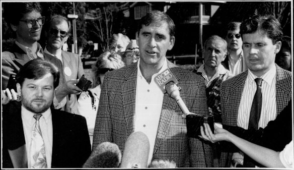 Press conference today to announce Stephen O'Doherty for the seat of Kuring-Gai and Jeremy Kinross for the seat of Gordon announced by NSW Premier Mr. John Fahey.
(L to R) Stephen O'Doherty, Premier Fahey, Jeremy, Kinross. (Photo by Simon Alekna/Fairfax Media).