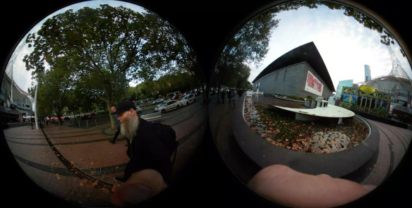 Shaun Gladwell shot images in Southbank, including outside the Arts Centre and NGV, with his VR camera.