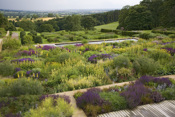 Part of the garden Stuart-Smith designed at the 18th century Mount St John, with panoramic views across the North Yorkshire countryside.