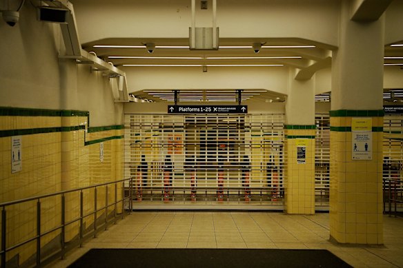 One of the closed entrances at Central Station on Monday.