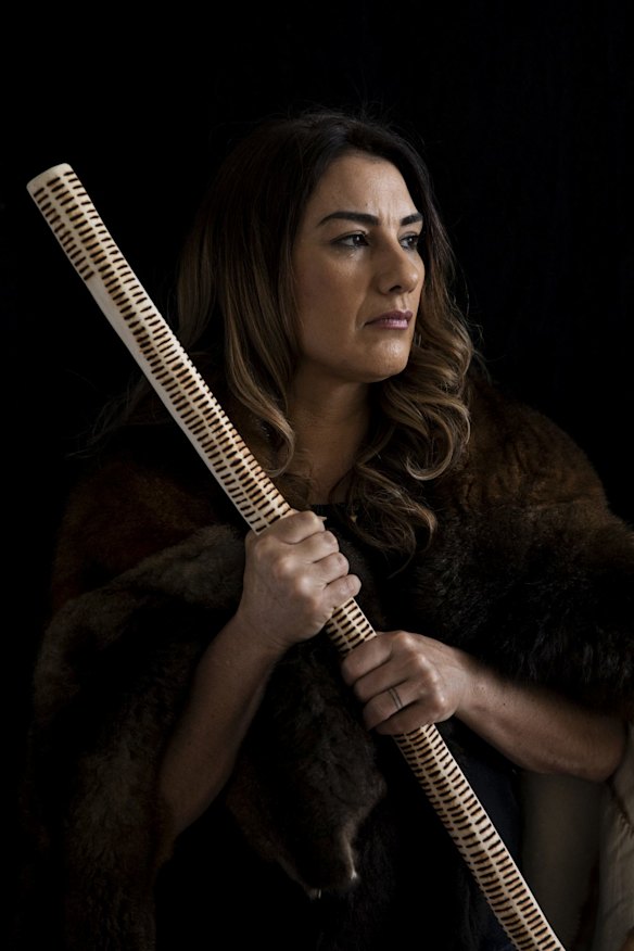 New Greens Senator Lidia Thorpe with a Message Stick memorialising the 441 First Nations people who have died in custody. Photographed at Parliament House in Canberra on 5th October, 2020.