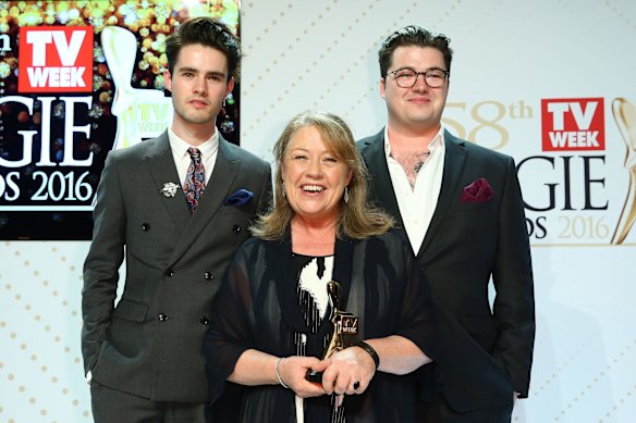 Hall of Fame inductee Noni Hazlehurst poses with sons William Jarratt (left) and Charlie Jarratt.