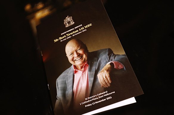 The order of service booklet for the state funeral for Australian entertainer Bert Newton, held at St Patrick's Cathedral in Melbourne on November 12, 2021. 