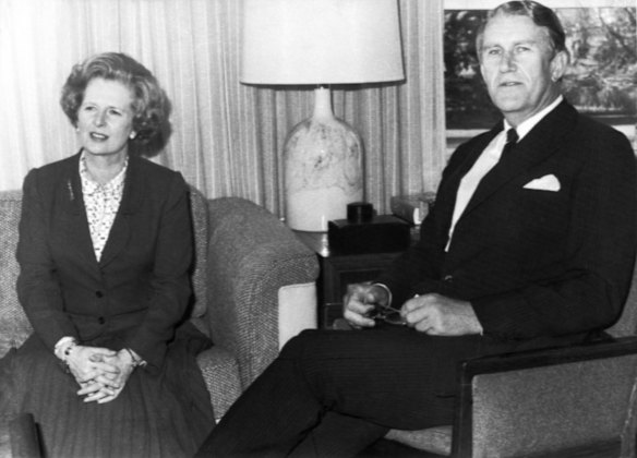 Australian Prime Minister Malcolm Fraser and British PM Magaret Thatcher in Canberra. 1st July 1979