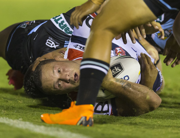 Leading the way: Roosters co-captain Boyd Cordner is tackled just short of the line.