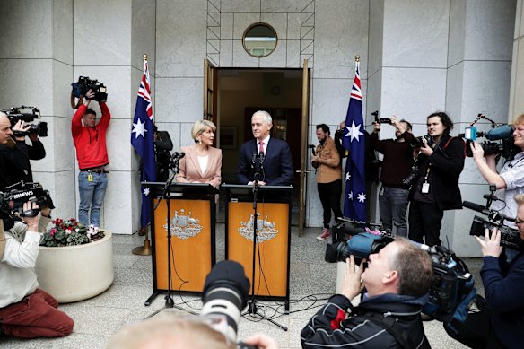 Joint press conference with Prime Minister Malcolm Turnbull and Foreign Affairs Minister Julie Bishop after the Liberal leadership spill, at Parliament House in Canberra.