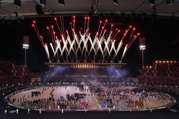Fireworks explode over the stadium during the opening ceremony of the Commonwealth Games.