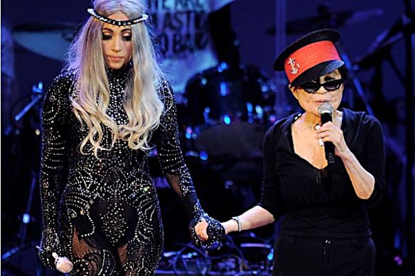 Lady Gaga and Yoko Ono perform onstage at an event to celebrate the life of John Lennon on October 2, 2010 in Los Angeles.