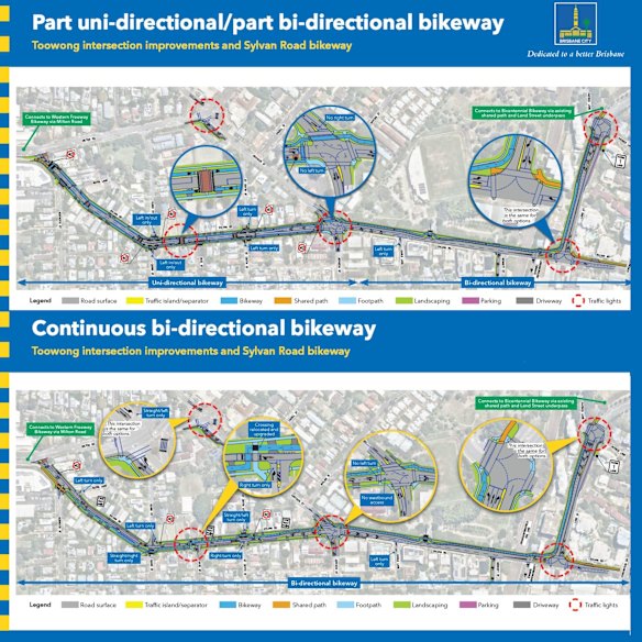 The two proposed bike path layouts on Sylvan Road Brisbane City Council is fielding public consultation on. 
