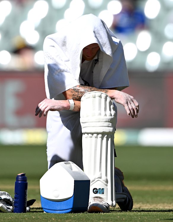 England captain Ben Stokes gathers himself during a drinks break on day two.