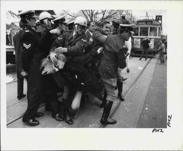 Jean McLean tangles with police at a demonstration in 1971.