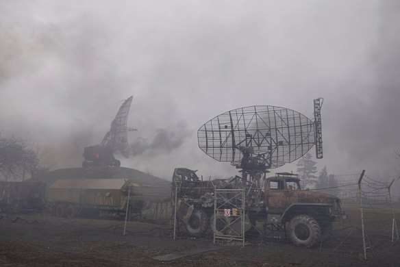 Smoke rise from an air defence base in the aftermath of an apparent Russian strike in Mariupol, Ukraine.