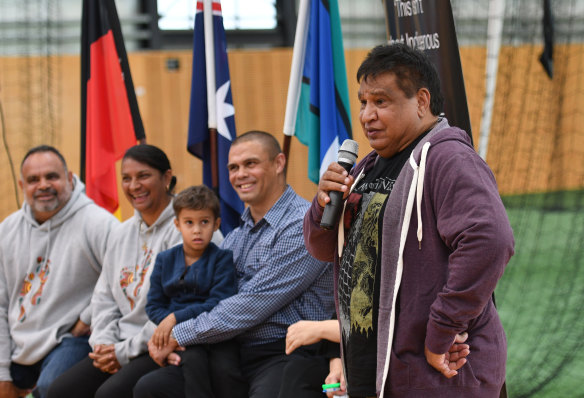 Taking a stand: Michael Long, Nova Maree Peris, Kyle  Vander Kuyp and Phil Krakouer during the “Walk the Talk” presentation” in 2017.