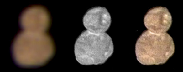 Images with separate color and detail information, and a composited image of both, showing Ultima Thule, about 1 billion miles beyond Pluto. The New Horizons spacecraft encountered it on Tuesday, Jan. 1, 2019. 