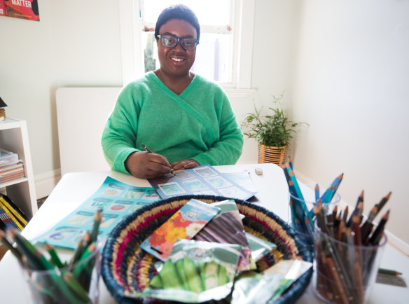 Maxine Beneba Clarke is drawing seeds and plants for a children’s book inspired by her garden.