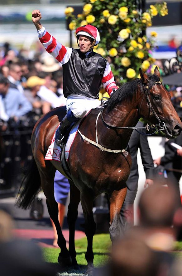 Derby Day at Flemington. Race 6 Victoria Derby winner number 4 Polanski ridden by Hugh Bowman.