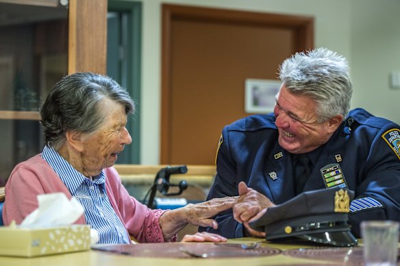 Uniting Care Mirinjani retirement village has granted a lifelong wish for resident Berenice Benson to meet a real New York city cop (something she mentions every tine she gets into the facility lift featuring a poster of the New York skyline). NYPD Detective Howard Shank was glad to accommodate. 