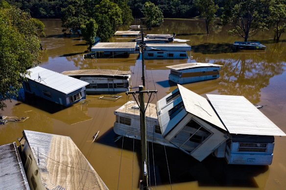 Dargle Water ski resort still inundated after the Hawkesbury River flooded through on Sunday. Several of the caravans were washed downstream and dumped at St George Caravan Park.