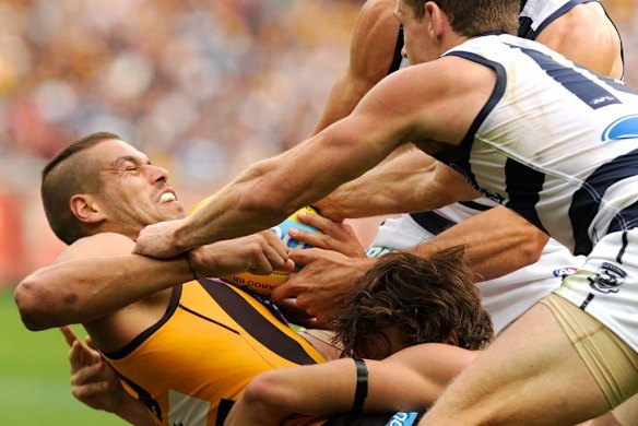 Hawthorn's Lance Franklin under siege.